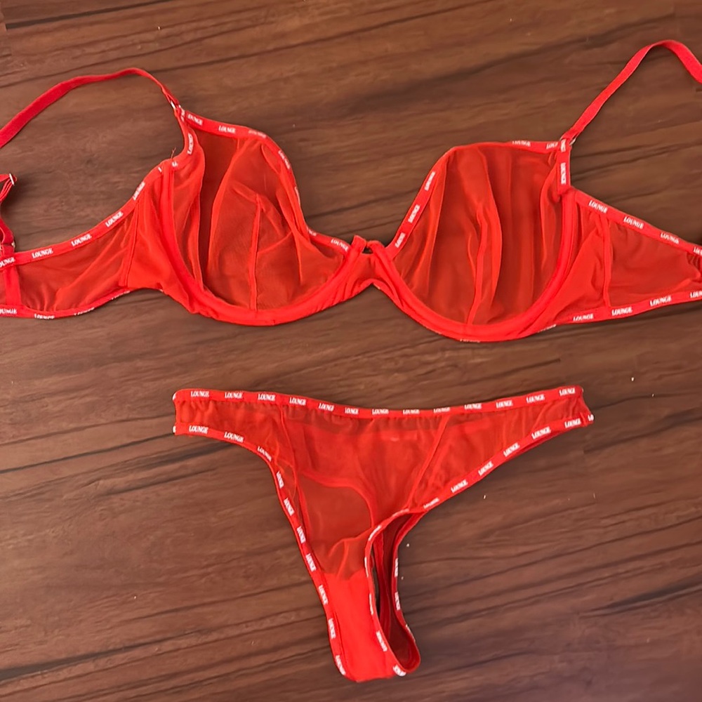 Lounge red mesh bra and panty set.